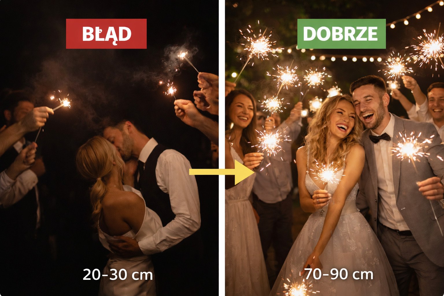 Porównanie zimnych ogni na weselu – krótkie (20–30 cm) dają słabszy efekt, a długie (70–90 cm) zapewniają lepsze oświetlenie i zdjęcia.