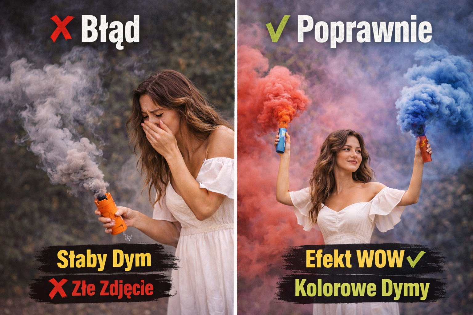 Por&oacute;wnanie: błędne użycie świecy dymnej (lewa strona) vs poprawny efekt z kolorowym dymem (prawa strona)