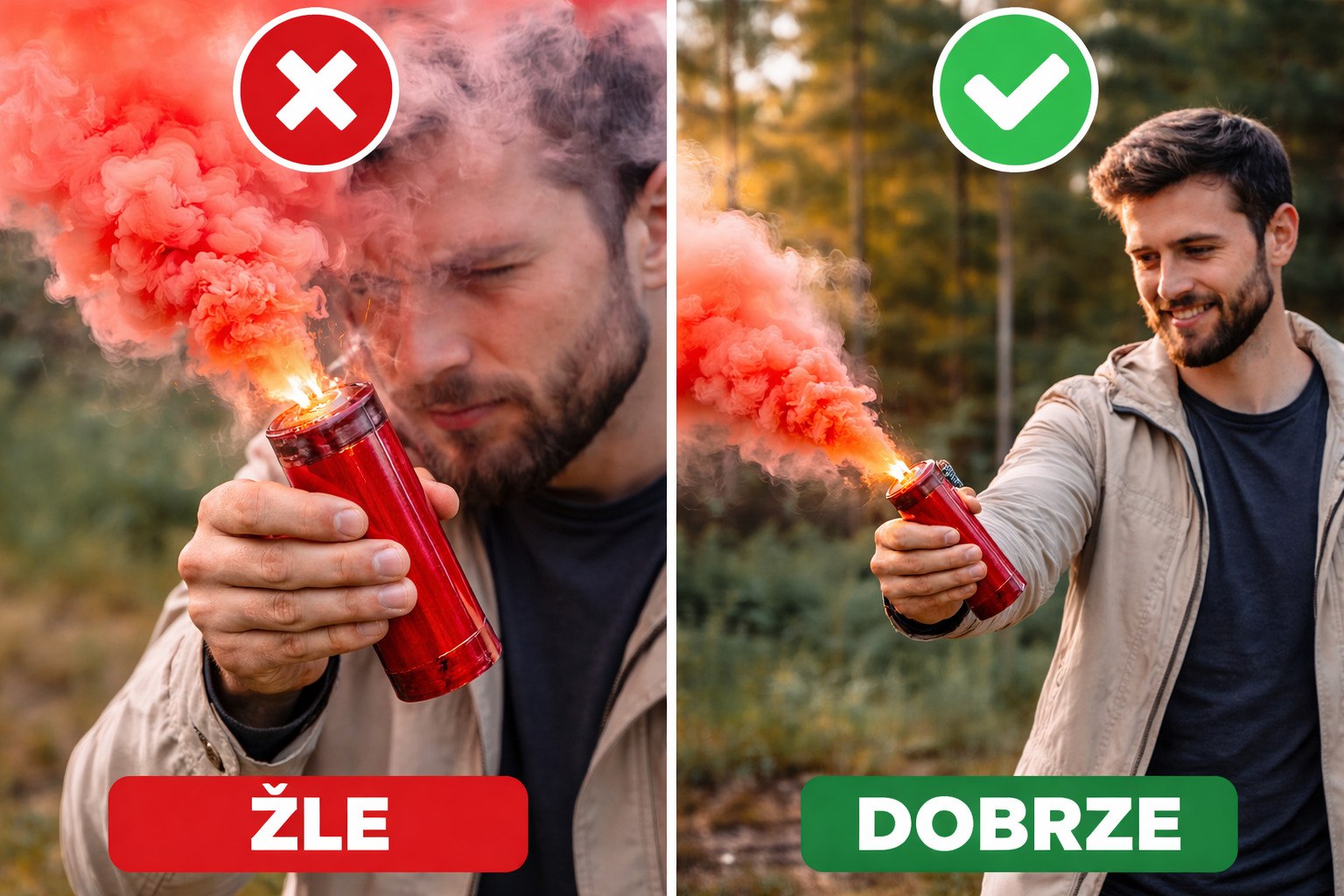 Nieprawidłowe i prawidłowe użycie świecy dymnej – zachowanie dystansu ma kluczowe znaczenie dla bezpieczeństwa.
