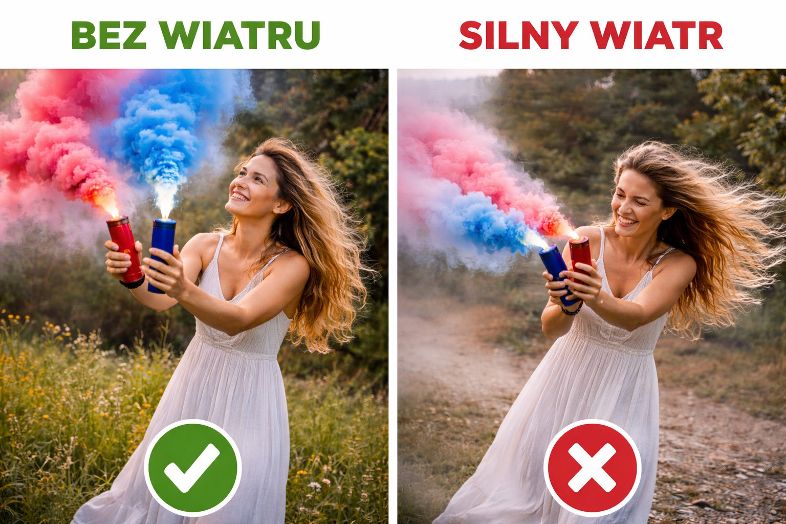 świece dymne wiatr porównanie efekt bez wiatru i silny wiatr