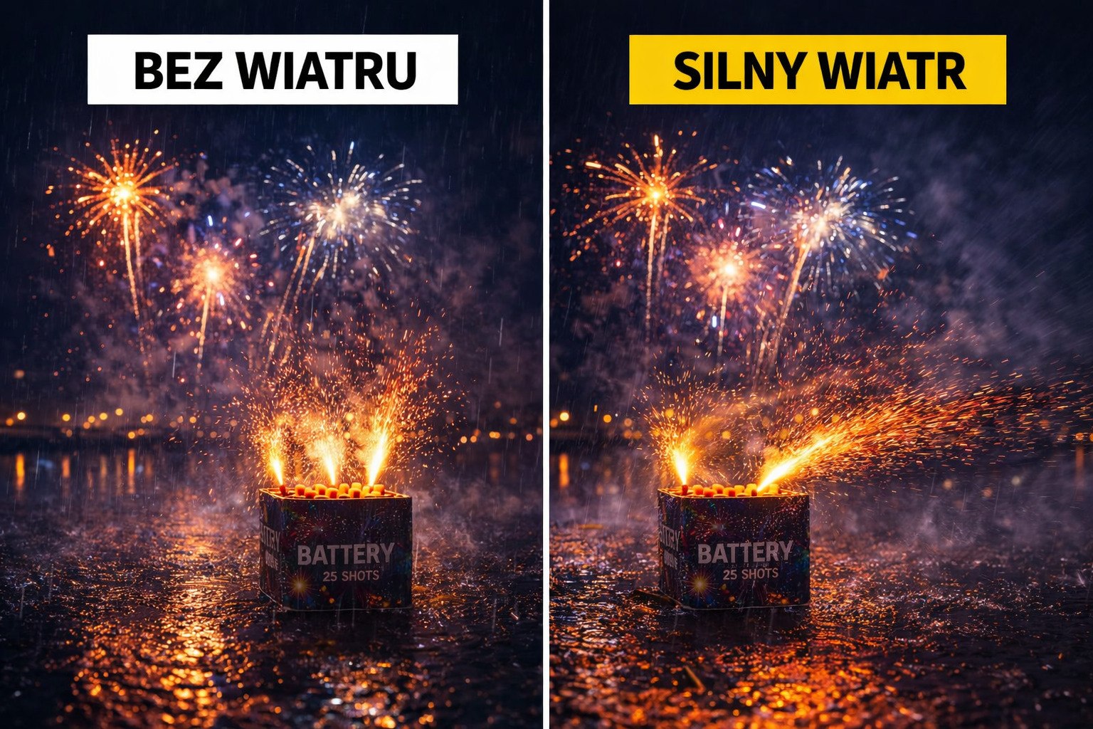 fajerwerki wiatr efekt por&oacute;wnanie bez wiatru silny wiatr działanie