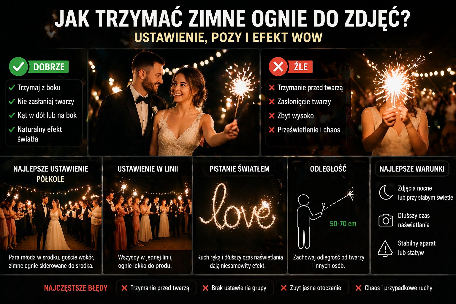 jak trzymać zimne ognie do zdjęć poprawnie ustawienie pozy błędy efekt fotografia